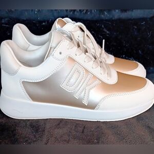 DKNY White and Metallic Gold Platform Sneakers